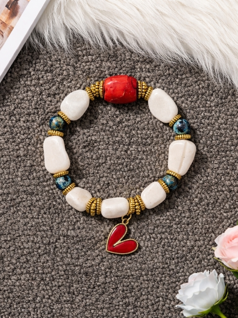 White Snow Quartz With Red Coral And Chrysocolla Bead Accents, Red Heart Charm